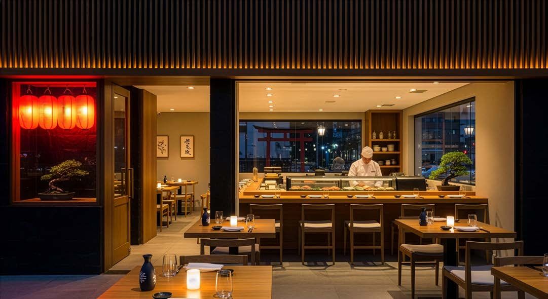 Restaurante japonês na Liberdade à noite, com balcão de sushi e lanternas vermelhas